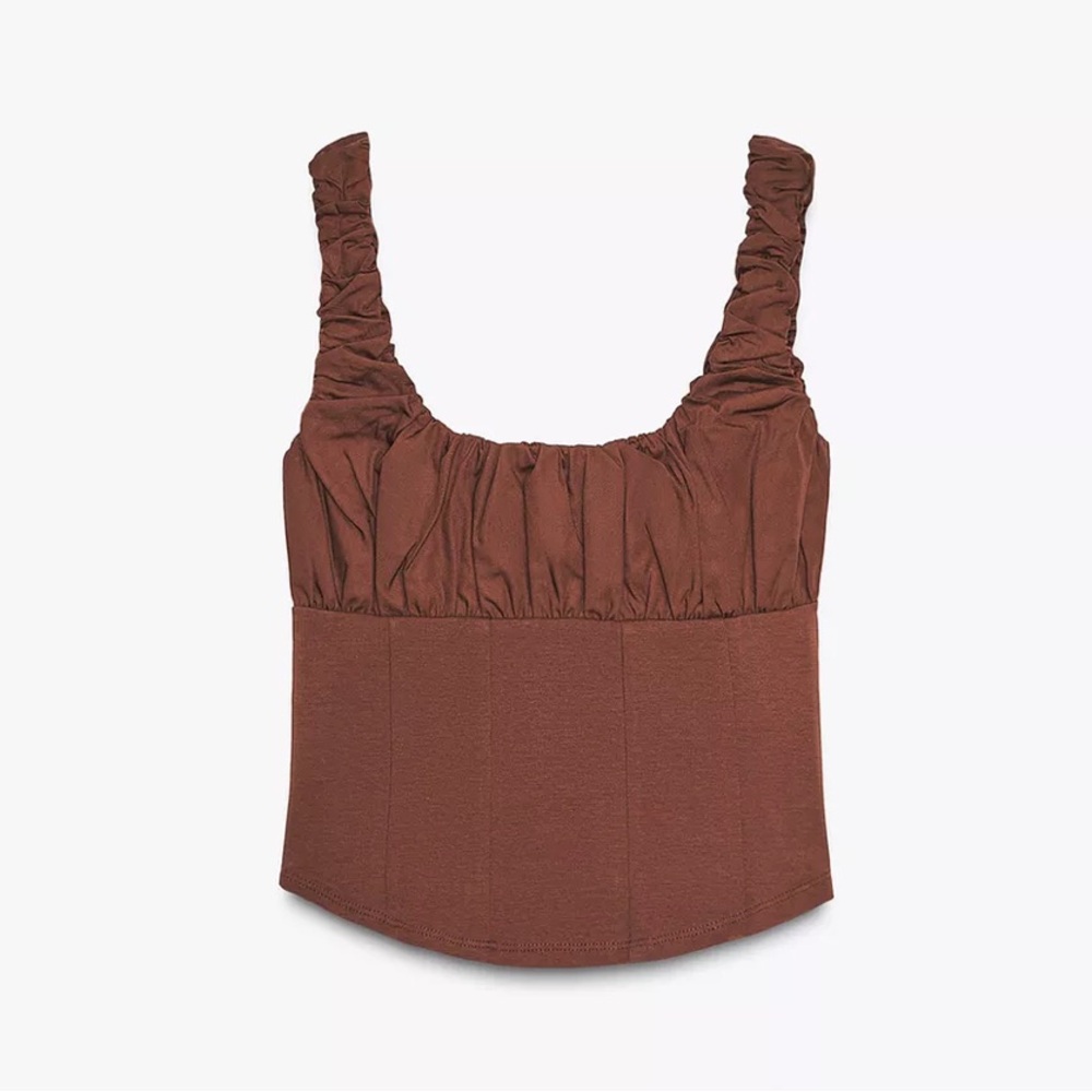 Zara NWT brown interlock poplin ruched bust mixed contrast top